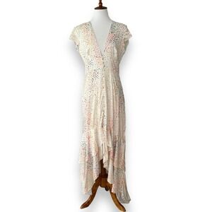 Hutch Ruffle Hem Dress Multicolor Hearts Lined V Neck Cap Sleeve Zip Size 8